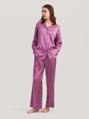 LILYSILK 100% Silk Pajama Top Large Purple Button Front Luxury Sleepwear